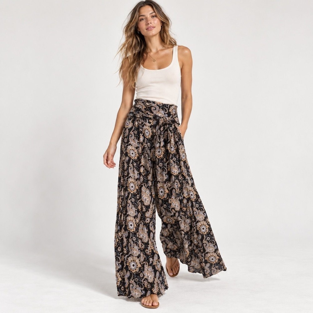 Free People FP One Paisley Wide Leg Pull On Pants Black Tan Small